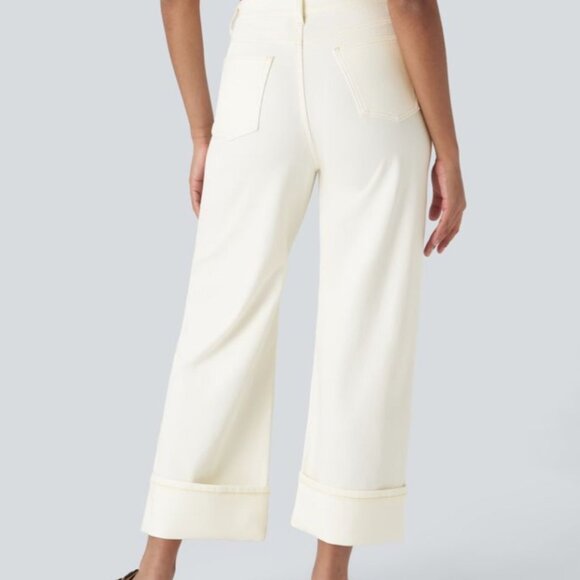 Halara Flex High Waisted Pockets Rolled Hem Wide Leg Washed Jeans Sz Small Tall - Picture 2 of 9